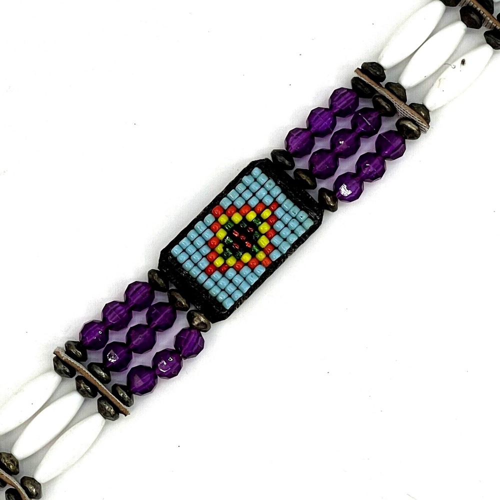 Handmade Beaded & Soft Leather Choker Necklace Purple White Diamond Design - Picture 10 of 12